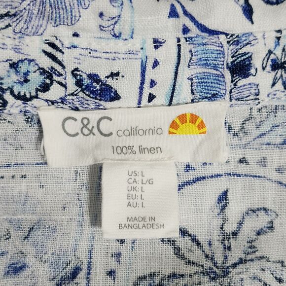 C&C California Womens Linen Shirt Roll-Tab Sleeve White Blue Tropical Size L - Picture 6 of 8